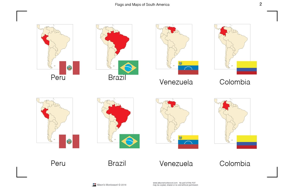 Flags and Maps of South America Three Part Cards (Printed)