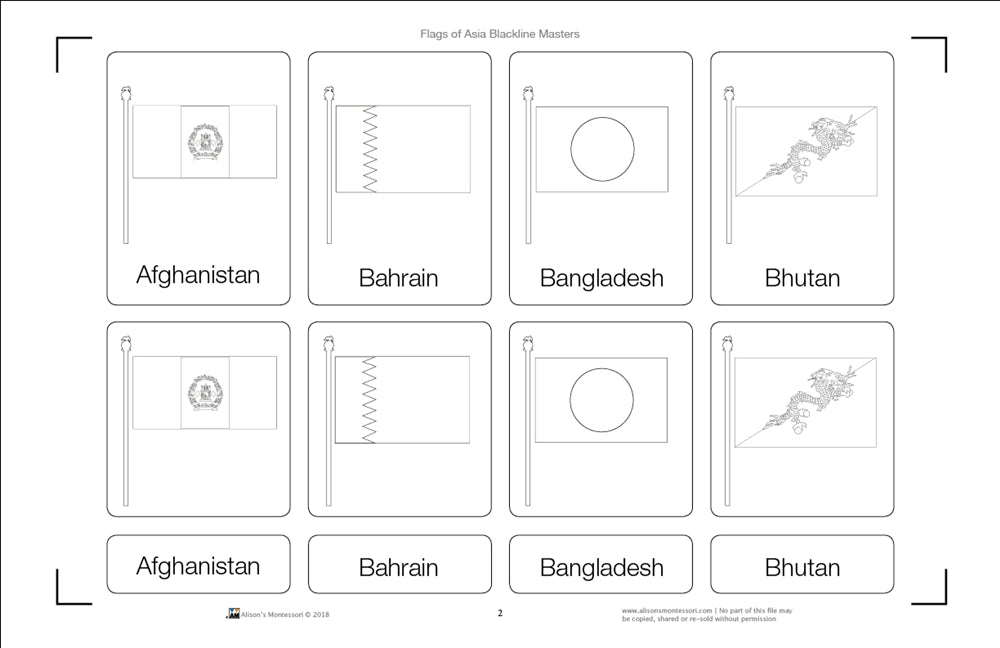 Flags of Asia Blackline Masters Three Part Cards