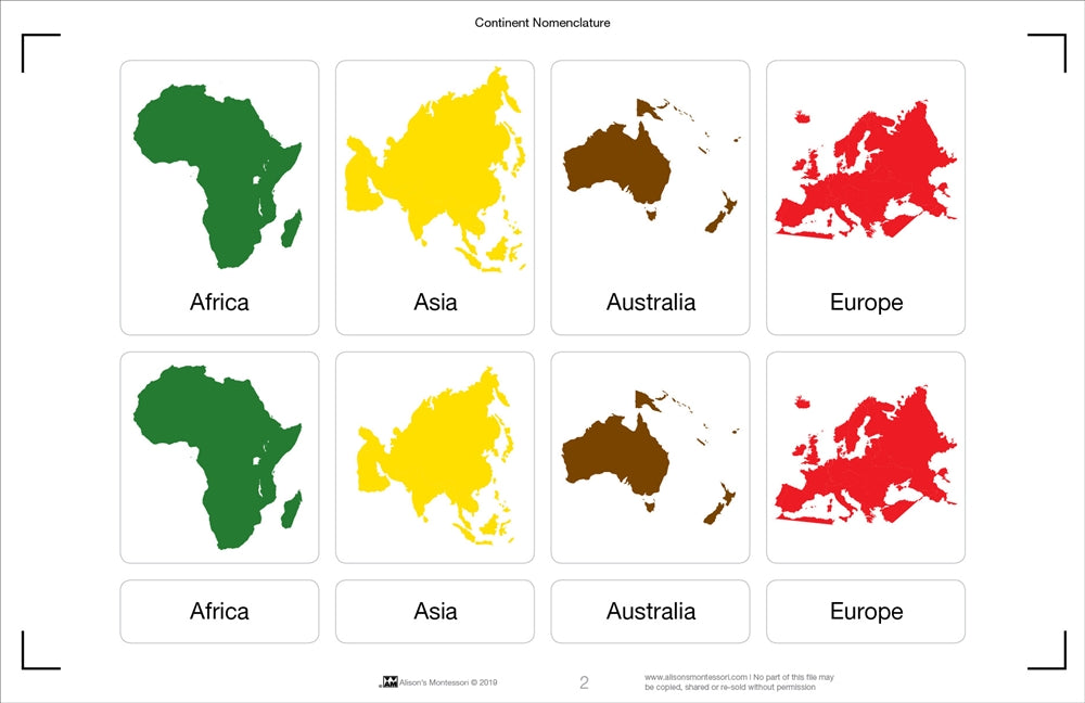 Continent Nomenclature Cards