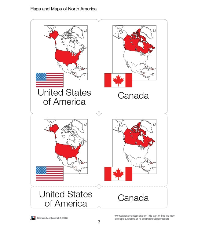 Flags and Maps of North America Three Part Cards (Printed)