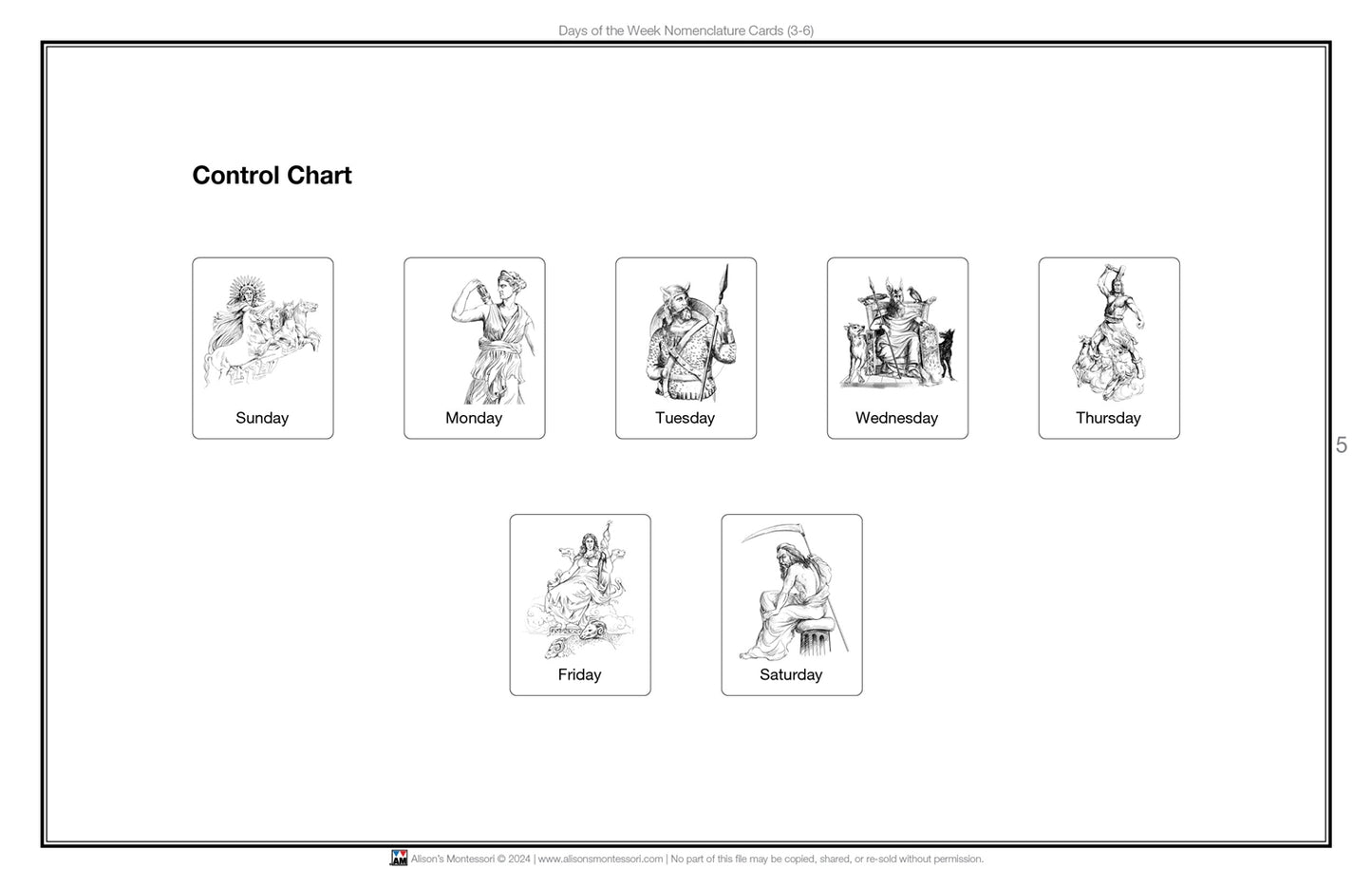 Days of the Week Nomenclature Cards (3-6) (Printed)