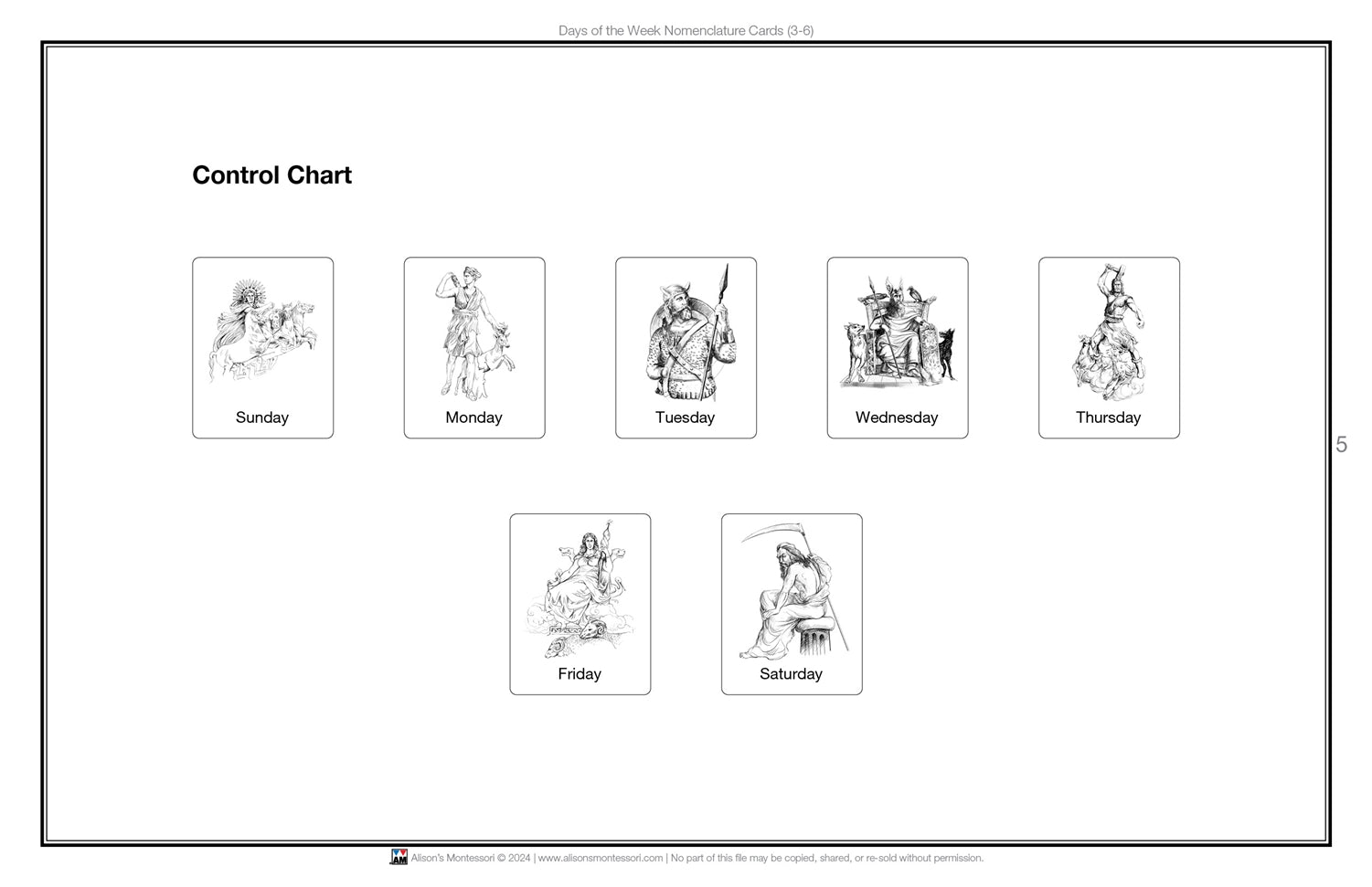 Days of the Week Nomenclature Cards (6-9) (Printed)