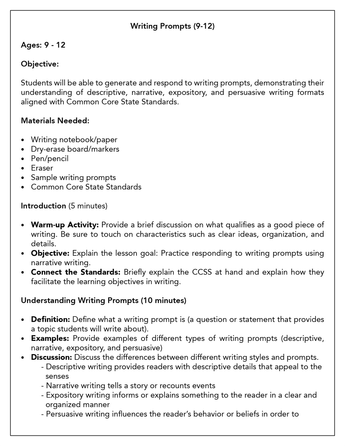 Writing Prompts (9-12) (Printed)