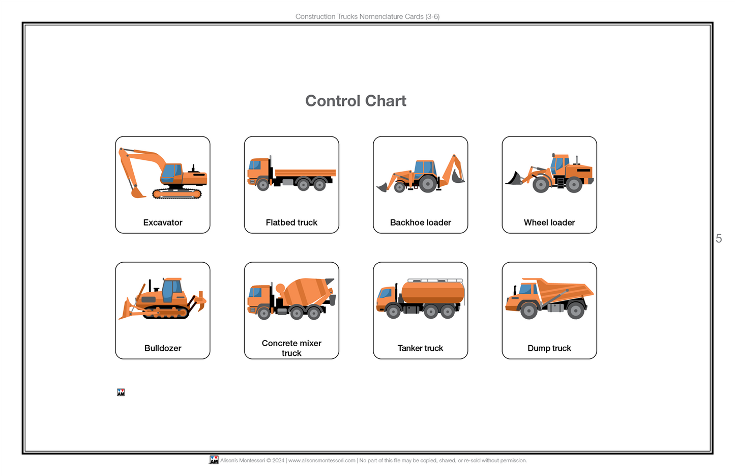 Construction Trucks Nomenclature Cards (3-6) (Printed)