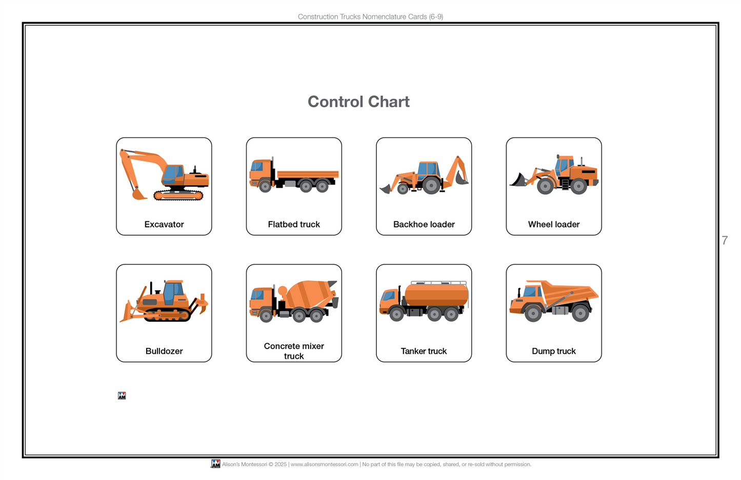 Construction Trucks Nomenclature Cards (6-9) (Printed)