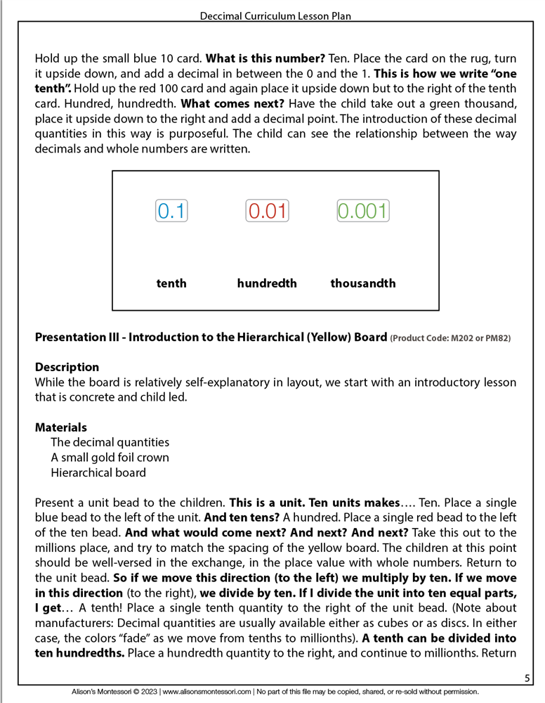 Decimal Curriculum Lesson Plan