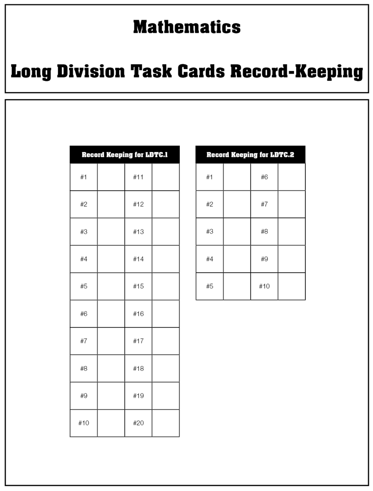 Mathematics Long Division Task Cards